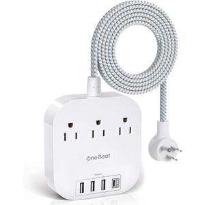 One Beat Power Strip with USB C, 3 Outlets 4 USB Ports (22.5W/4.5A) Desktop Charging Station, Flat Plug, 5ft Braided Extension Cord, Non Surge Protector for Travel, Cruise Ship, ETL Listed (White)
