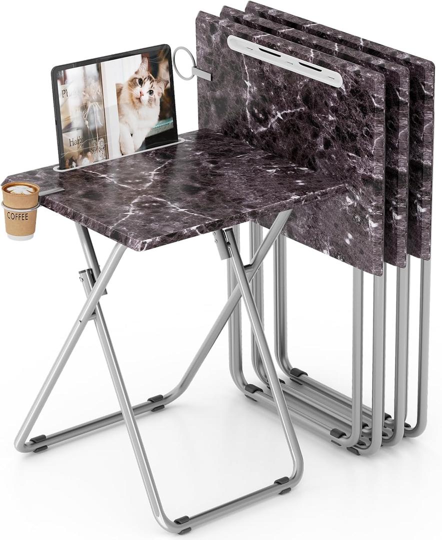 Folding TV Tray Table with Cup Holder, TV Dinner Table with Sturdy MDF Top, Eating Trays with Tablet Slot for Living Room, Bedroom, Sofa (Black Marble, 4Pcs)