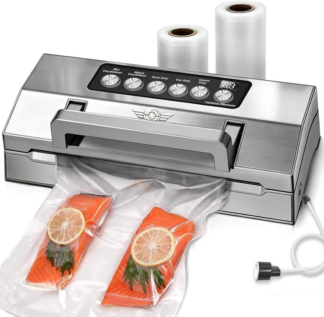 Precision Food Vacuum Sealer Machine, POWOT Fully Automatic Vacuum Sealing System, Commercial Food Vacuum Saver Pro, Double Heat Seal, Easy-Lock Handle, Built-in Cutter&Bag Storage, Hose&Bag Rolls (Grey)