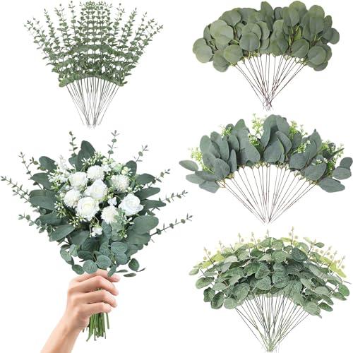 N MAGEAN Eucalyptus Leaves Stems 100 PCS, 4 Kinds Mixed Artificial Greenery Stems for Wedding Decor Vase Floral Arrangement Centerpiece