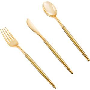 Supernal 102pcs Plastic Silverware, Disposable Flatware with Dark Gold Handle, 34 Forks, 34 Knives, 34 Spoons, Perfect for Parties, Weddings