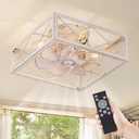 LEDIARY Caged Low Profile Ceiling Fans with Lights and Remote, White Square Flush Mount Ceiling Fan, 6 Speed and Reversible, Small Farmhouse Bladeless Ceiling Fan for Bedroom, Kitchen, Dining Room