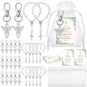 Hicarer 30 Set Baptism Favors Set Includes Angel Keychains Mini Rosary Cross Beads Favors Baptism Organza Bags with Cross Psalm Cards for Baby Shower Christian Party Supplies(White)
