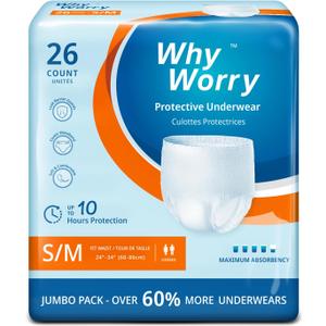 WhyWorry Incontinence Underwear for Women and Men, Disposable Adult Pull Ups with Overnight Absorbency, Leakproof, Unisex, Small/Medium, 26 Count