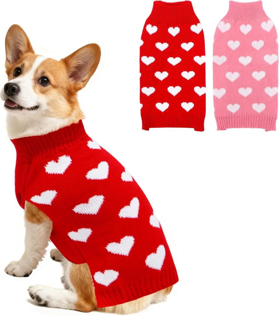 2 Pack Valentines Dog Sweater, Knit Pet Small Dog Sweater Holiday Valentines Day Outfit Clothes for Small Medium Large Dogs Pets (Red & Pink, X-Large)