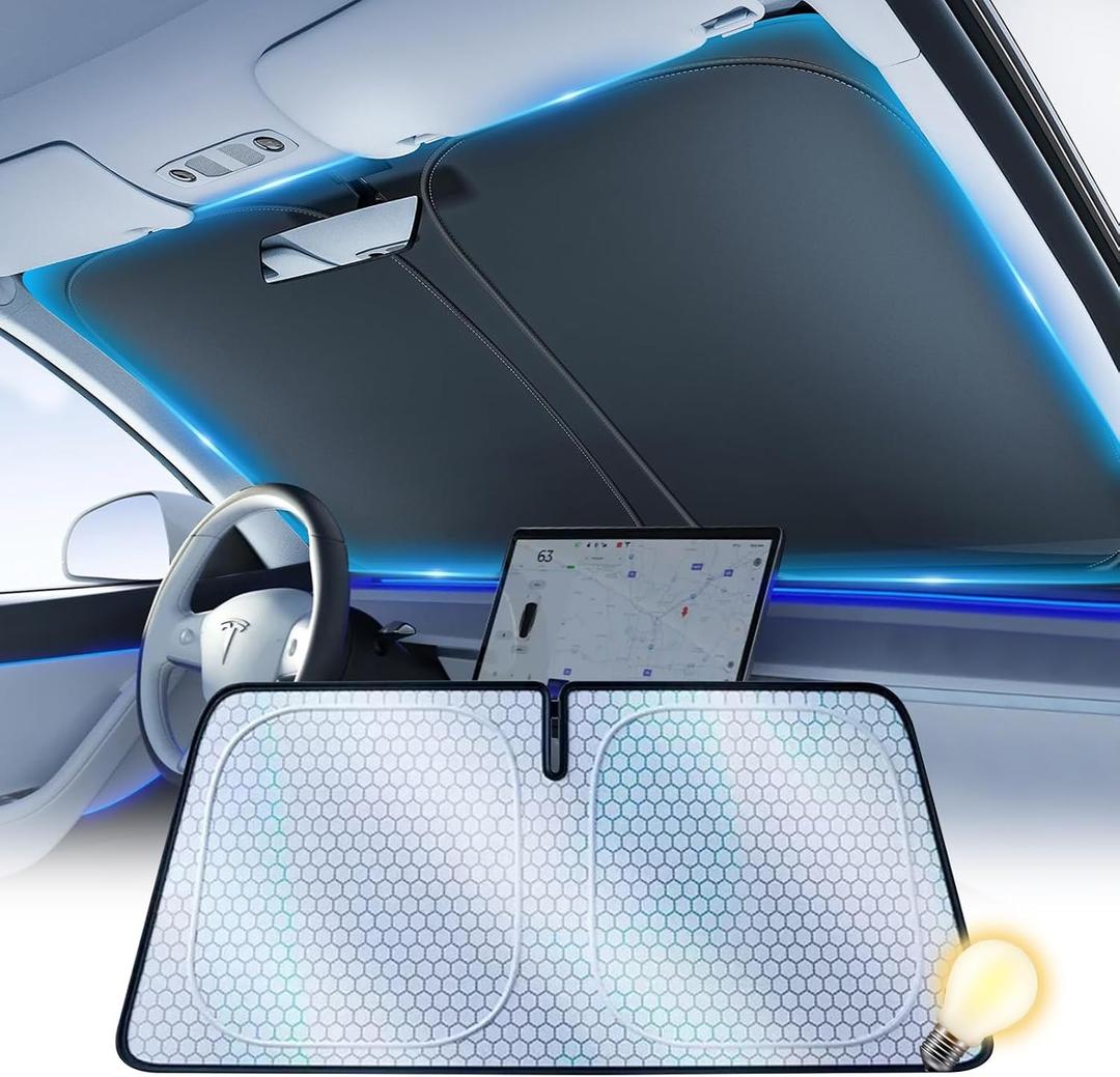 [2026 Upgraded] FOURDOPLI Graphene Dual-Layer Car Windshield Sun Shade for 2016-2026 Tesla Model Y & Model 3, Foldable car Window Shades with Includes Storage Bag, Block UV Rays Keep Car Cool