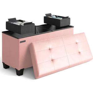 STORAGEBUD Storage Ottoman Bench with Bins, 30-in Storage Bench for Bedroom End of Bed, Folding Foot Rest Ottoman for Living Room Max 660lbs, Faux Leather Ottomans, Pink