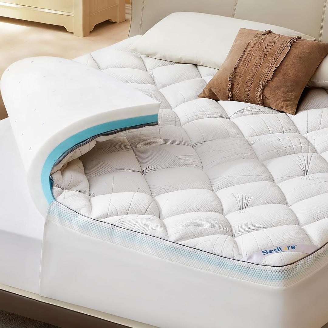 Bedlore Queen Mattress Topper 4-Inch Dual Layer Memory Foam Mattress Topper
Mattress Topper for Back Pain, Dual Layer Medium Support (2" Gel Memory Foam + 2" Cooling Fluffy Pillow Top Pad), White