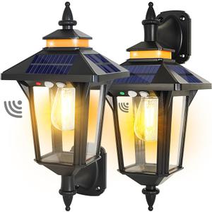 2 Pack Solar Wall Lantern Lights Outdoor with 3 Lighting Modes, Motion Sensor Wall Sconce, Dusk to Dawn LED Exterior Front Porch Lights Fixtures Wall Mount Waterproof for Garage House Doorway Yard