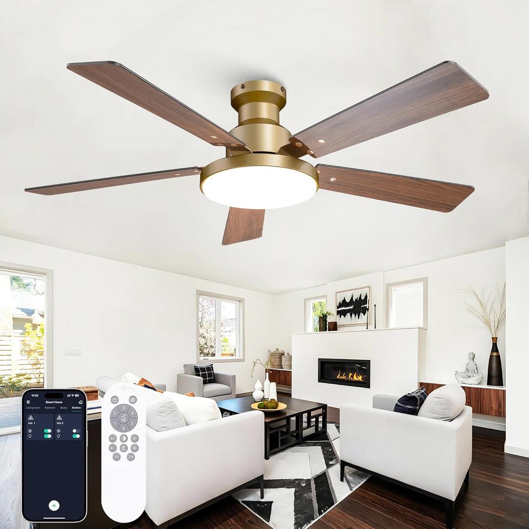 52 Inch Low Profile Gold Ceiling Fan with Lights, Modern Black and Gold Ceiling Fans with Remote/APP for Indoor Bedroom, Flush Mount, 12.2'' Large 3CCT LED Light Panel, 6-Speed Quiet DC Motor