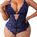 SOLY HUX Women's Plus Size Lace Lingerie Set Deep V Neck Teddy Bodysuit Babydoll Nightwear with Leg Ring (4X-Large Plus)