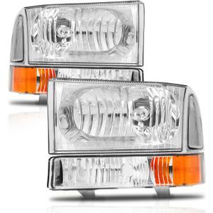 Headlights Assembly Fit for 1999 2000 2001 2002 2003 2004 Ford F250 F350 F450 F550 Super Duty/2000-2004 Ford Excursion with Corner Bumper Set Chrome Housing Amber Reflector Replacementh