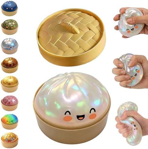 Glitter Dumpling Squishy,Dumpling Squishies,Glitter Dumpling Mystery Box,Colorful Dumpling Stress Balls Fidget,Jumbo Squishy Toy with Steamer Box Suitable for Adult use in Offices (Glitter White)