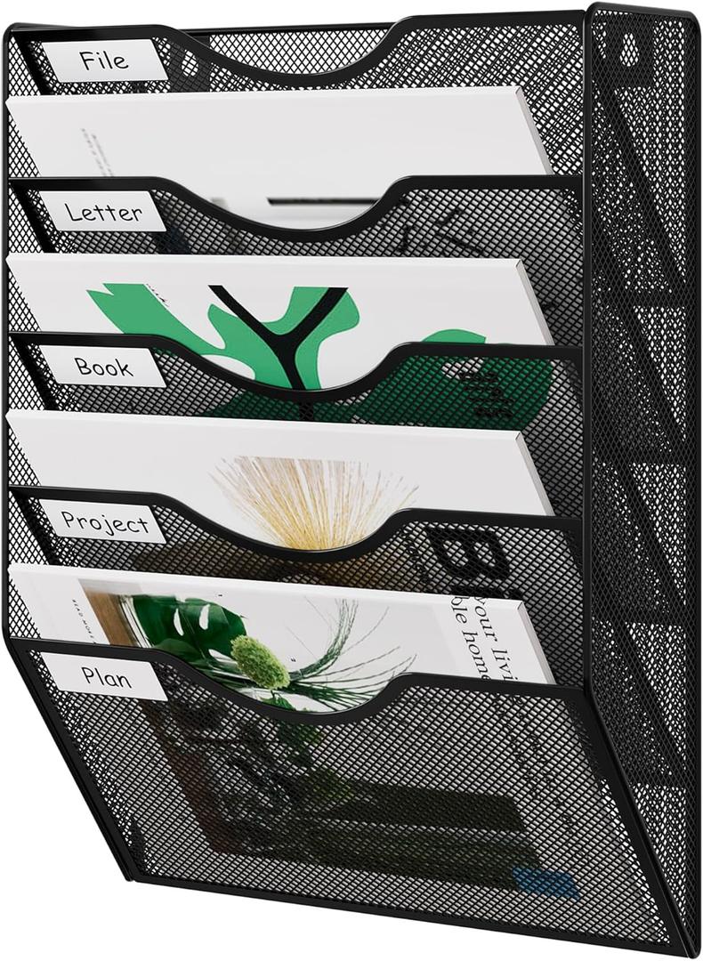 EasyPAG 5 Pocket Mesh Wall File Organizer, Hanging Paper Folder Holder with Classify Label, Vertical Wall Mount Mail Organizer for Office Home Classroom, Black