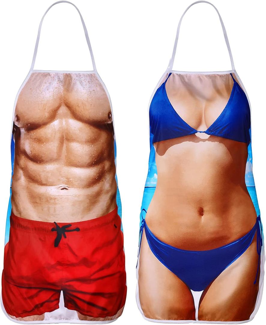 Hillban 2 Pack Funny Apron Creative Cooking Apron with Adjustable Waist Ties Holiday Aprons for Party Men Women (Bikini Theme)