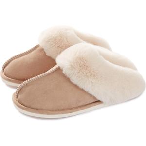 Donpapa Womens Slipper with Memory Foam Fluffy Soft Warm Slip On House Slippers Anti-Skid Cozy Plush for Indoor Outdoor (Medium, Tan)