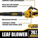 Cordless Leaf Blower, 600 CFM/125 MPH Turbo Boost Compatible with Dewalt 20V Max Battery, Brushless Motor, Variable Trigger and Speed Lock, Ergonomic 3.5LBS for Driveway & Yard, Tool Only