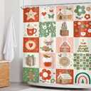 Newsely Retro Christmas Shower Curtain 60Wx72H Inch Merry Xmas 70s Cute Deer Snowflake Flower Rainbow Checkered Shower Curtain Bathroom Set Kids Girls Waterproof Bath Decoration Accessories Home Decor