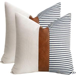 22x22 inches Pillow Covers Set of 2 Farmhouse Decor Stripe Patchwork Linen Throw Pillow Covers Modern Faux Leather Covers for Couch Sofa, Navy Blue