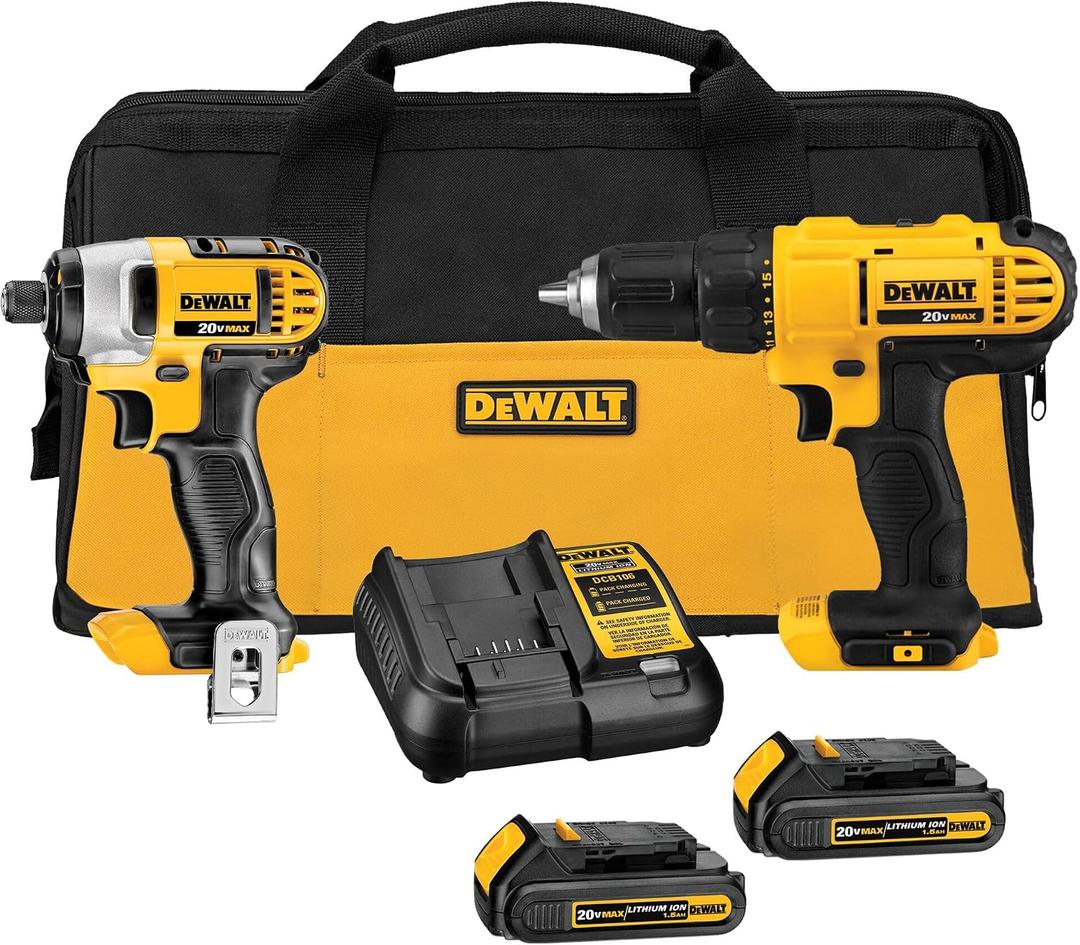 DEWALT 20V MAX Cordless Drill and Impact Driver, Power Tool Combo Kit , Includes 2 Batteries, Charger and Bag (DCK240C2), One Size