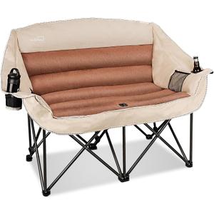 Double Folding Camping Chair Fully Padded Loveseat Camping Couch Oversized 2 Person Lawn Chair Sofa w/Cup Holder,Wine Glass Holder,Mesh Storage for Patio Picnic Beach,Support 600lbs,Cream