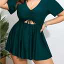OYOANGLE Women's Plus Size Tankini Sets 2 Piece Drawstring V Neck Short Sleeve Swim Dress Bathing Suits (Green, XL)
