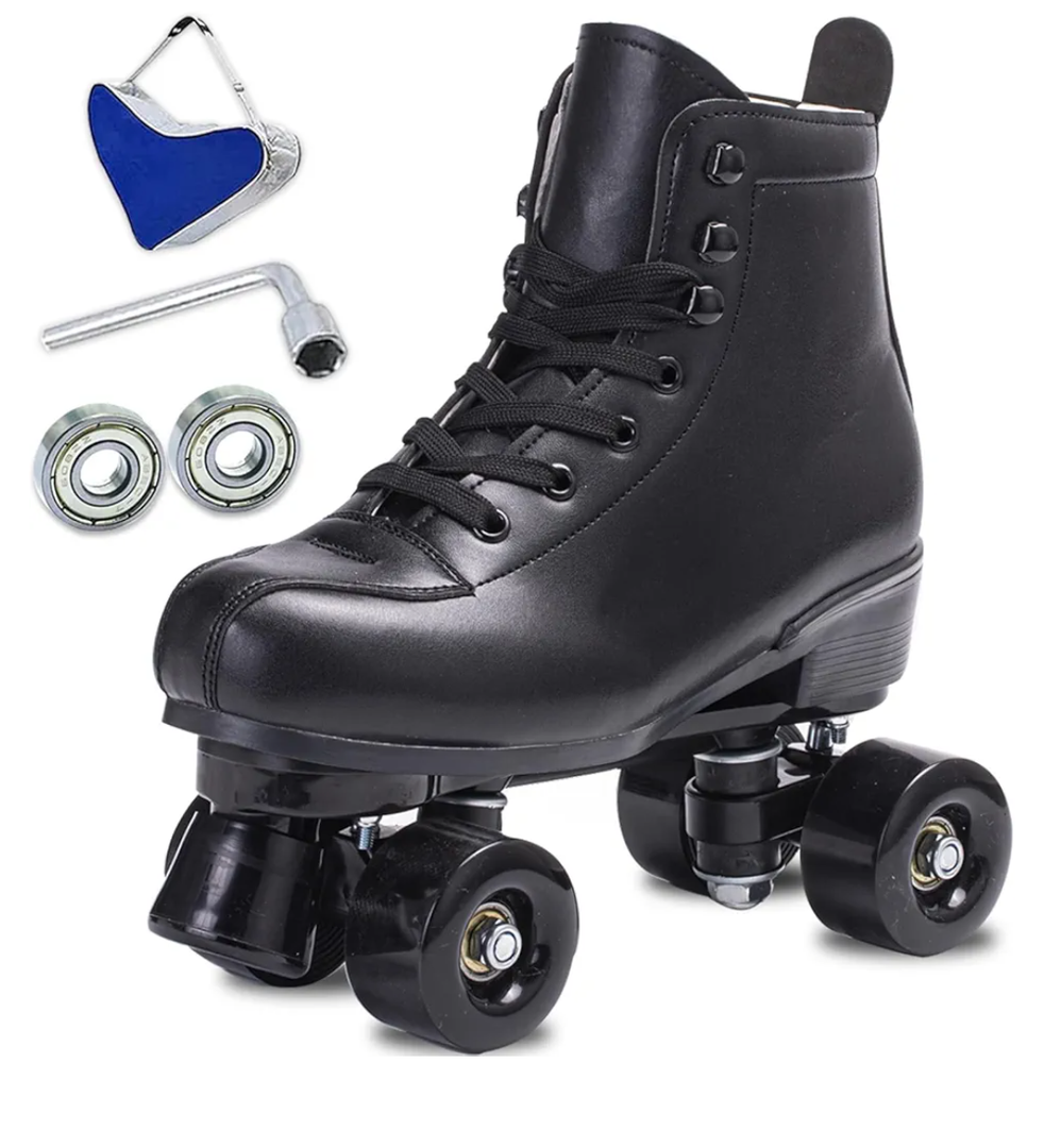 SCNUT Skates Women's Men's High Top Black PU Leather Classic Double Row Adjustable Outdoor Indoor Quad Skates and Roller Derby, 42