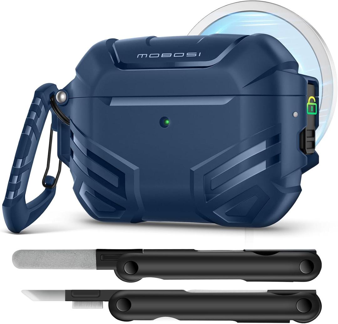 MOBOSI for AirPods Pro 3 Case with Lock, Compatible with AirPod 3rd Gen Cover [Fit for MagSafe], Military Grade Hard Shell for iPods Pro3 with Cleaner Kit & Keychain for Men(2025), Blue