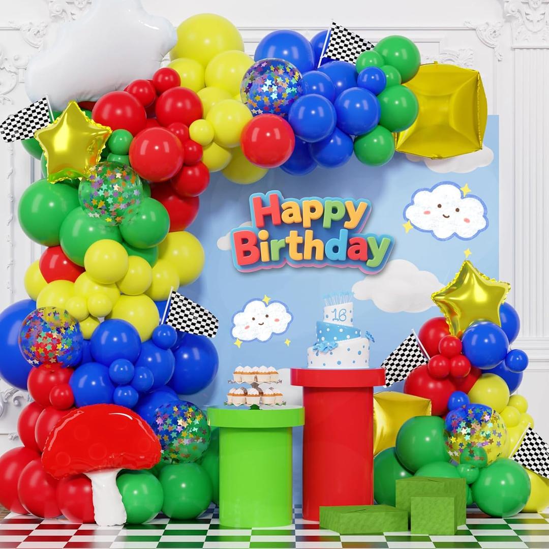 Colorful Balloon Garland Kit Red, Blue, Green, Yellow Latex Balloon with Cloud, Mushroom, Star & Square Balloons for Cartoon Carnival Birthday Party Decorations