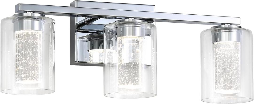 3 Light Chrome Bathroom Light Fixture, Dimmable 5CCT Chrome Bathroom Vanity Lights, 2700K-6500K Modern Crystal Bubble LED Wall Sconce Over Mirror with Clear Glass for Bedroom, Living Room