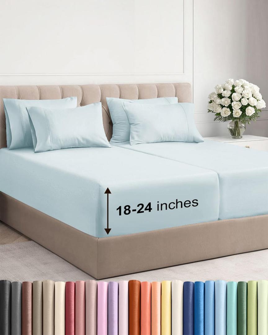 Extra Deep Split King Sheet Set - 7 Piece Breathable and Cooling Sheets - Hotel Luxury Bed Sheets Set - Easy Fit - Soft, Wrinkle Free and Comfy Sheets Set - Ice Blue Sheet Set with Extra Deep Pockets