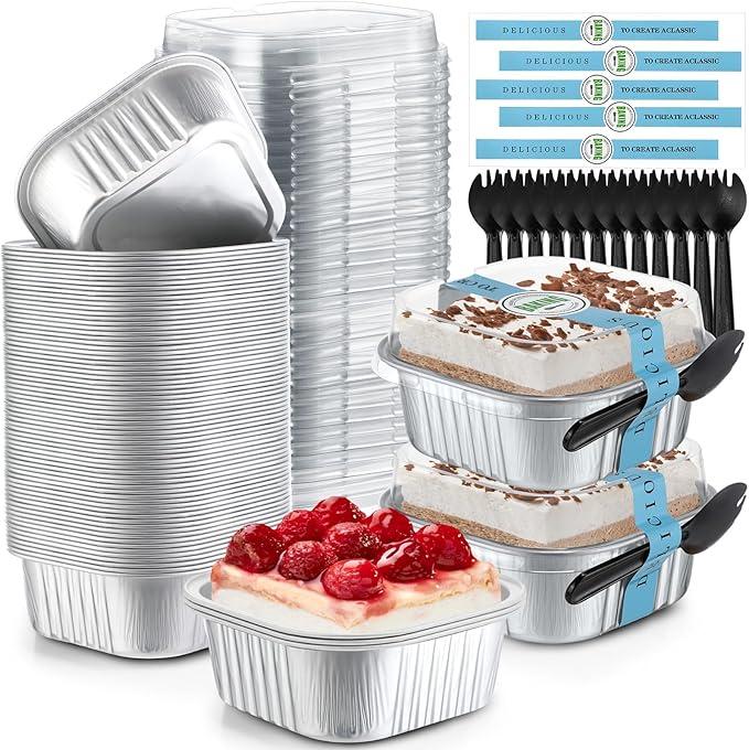 Sliner 100 Pcs 10 oz Mini Cake Pans with Lids Aluminum Foil Disposable Ramekins Mini Cake Cups with Spork Sticker Square Cupcake Cups Baking Tins for Kitchen Party Wedding Birthday(Silver)