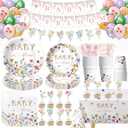 Srua Don Floral Baby Shower Decorations for Girl, Wild Flower Baby in Bloom Party Supplies, Paper Plate, Cup, Napkin, Tablecloth, Balloon, Cutlery, Garland Banner, Cupcake Toppers, Serves 24