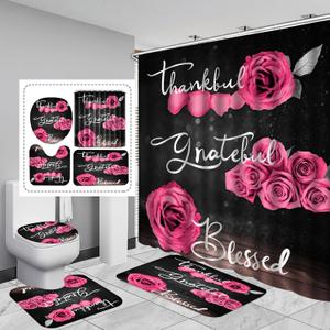 4Pcs Pink Rose Shower Curtain Sets, Thankful Grateful Blessed Bathroom Curtain with Non-Slip Rug, Toilet Lid Cover, Bath Mat and 12 Hooks, Romantic Showy Floral Wedding Decor for Bath, 72 x 72 inch