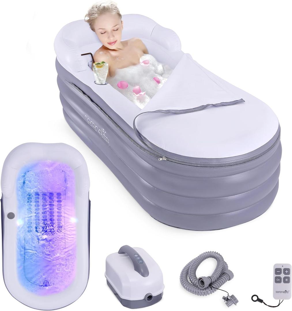 SereneLife Spa Bathtub with Bubble Massage Mat Inflatable Bathtub with Pillow, Cup Holder, Remote Control for LED Lighting, Backrest and Armrests, Supporting Up To 190 lbs. 66" x 30" x 26"