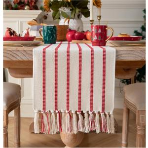 Caflife Christmas Table Runner 90 Inchs Long, Cotton and Linen Woven with Tassels, for Modern Rustic Farmhouse Boho Red Table Runners, Holiday Kitchen Dining Table Home Christmas Decor
