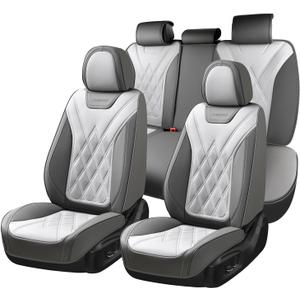 Coverado Car Seat Covers Full Set, Seat Covers for Cars, Front Seat Covers and Back Seat Cover Waterproof Leather Automotive Seat Cover, Universal Car Interior Protectors for Most Cars Light_Gray