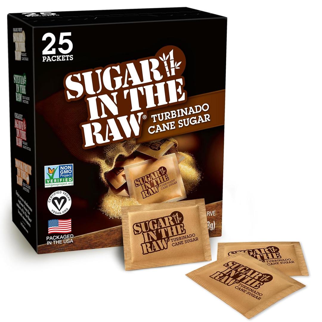 Sugar In The Raw Turbinado Cane Sugar Packets, 25 Ct, Pure, All-Natural Turbinado Sugar, Non-GMO Project Verified, Kosher, Vegan and Gluten Free, No BB Date