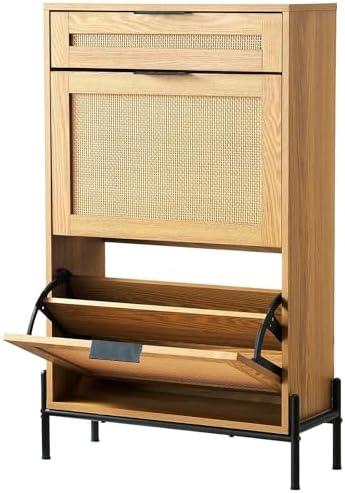 VEVOR Rattan Shoe Cabinet, Narrow Shoe Storage Organizer with 2 Flip Rattan Drawers & 1 Slide Drawer, Metal Legs, Slim Shoe Entryway Cabinet Ideal for Entryway, Closet, Hallway, Light Wood Color