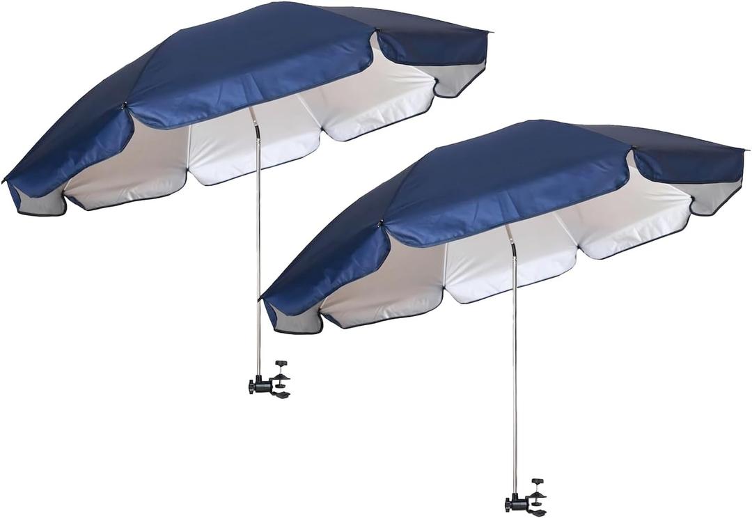 AMMSUN XL Chair Umbrella with Universal Clamp Adjustable 47 inches and 360-degree Swivel UPF 50+, Portable Clamp on Camping or Beach Chair, Stroller, Wheelchair, Golf cart, Navy Blue, 2 PACK