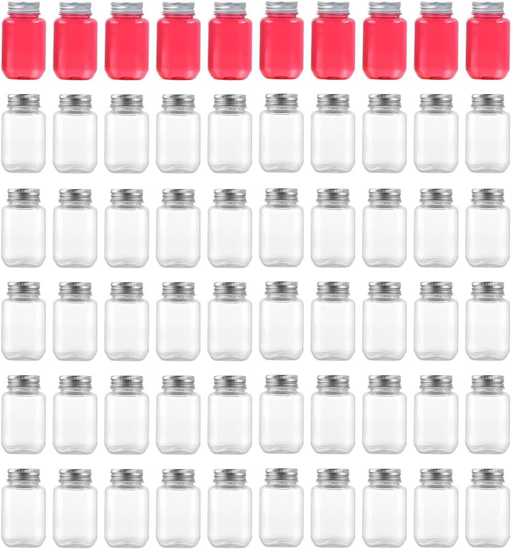 2 Ounce Clear Plastic Mason Jars With Screw On Lid, Reusable Empty Jars for Food Storage, Round BPA Free Containers for Sealing, Dry Food, Snacks, Candies, Breakage-proof (Silver, 60 Pack)