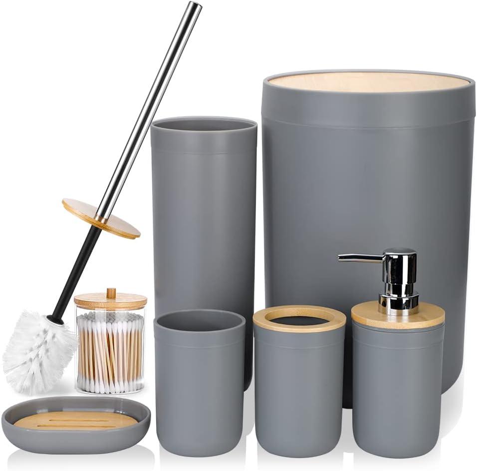 Otostar Grey Bathroom Accessories Set Bamboo Bathroom Set with Qtip Holder Soap Dispenser Toothbrush Holder Tumbler Soap Dish Toilet Brush Holder Trash Can Plastic Bath Set Housewarming Gift (Grey)