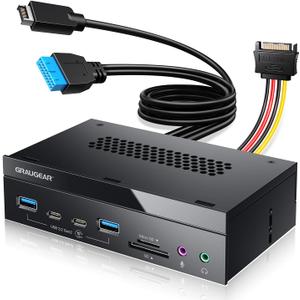 GRAUGEAR 5.25 Inch 10Gbps USB 3.2 PC Front Panel Card Reader with Audio Ports, SD/microSD Internal Card Reader, USB3.2 Type-E Key-A 20-Pin Header & USB3.0 Header & 15-Pin SATA Power Connector Required