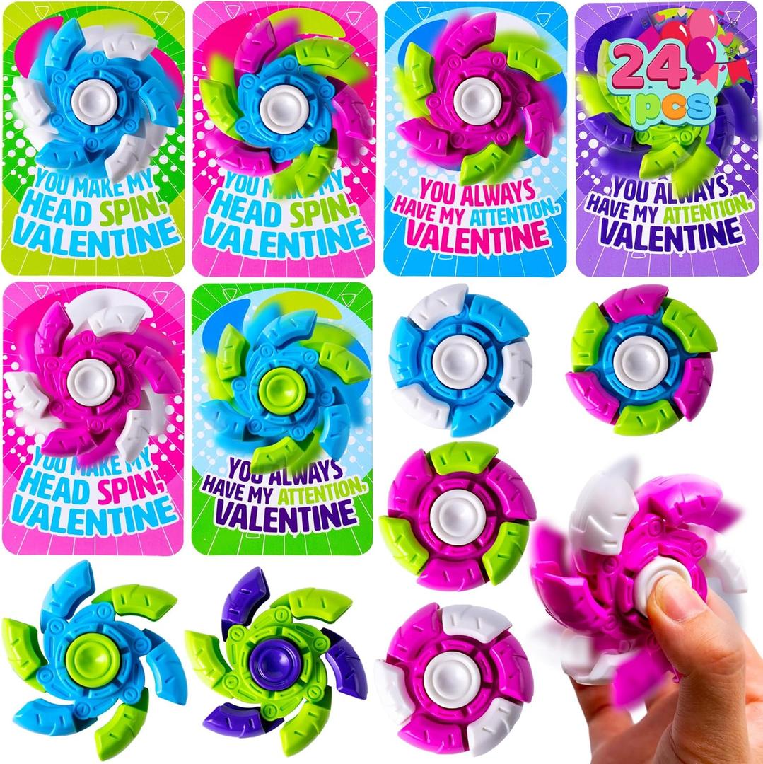 JOYIN 24 Packs Valentine's Day Plastic Fidget Spinners with 6-Design Gift Cards, Stress Relief Fidget Toys for Classroom Gift Exchange, Valentine's Party Favors Gifts for Kids School Exchange