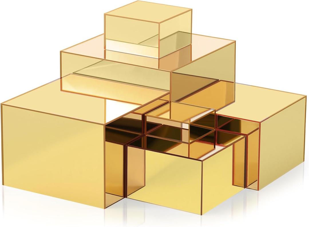 Geelin 6 Pack Acrylic Risers for Display Acrylic Cube Boxes Risers Display Stands with Hollow Bottoms Decorative Stand for Jewelry Candy Table Decor 6 Sizes(Gold,3 to 8 Inch,Square)