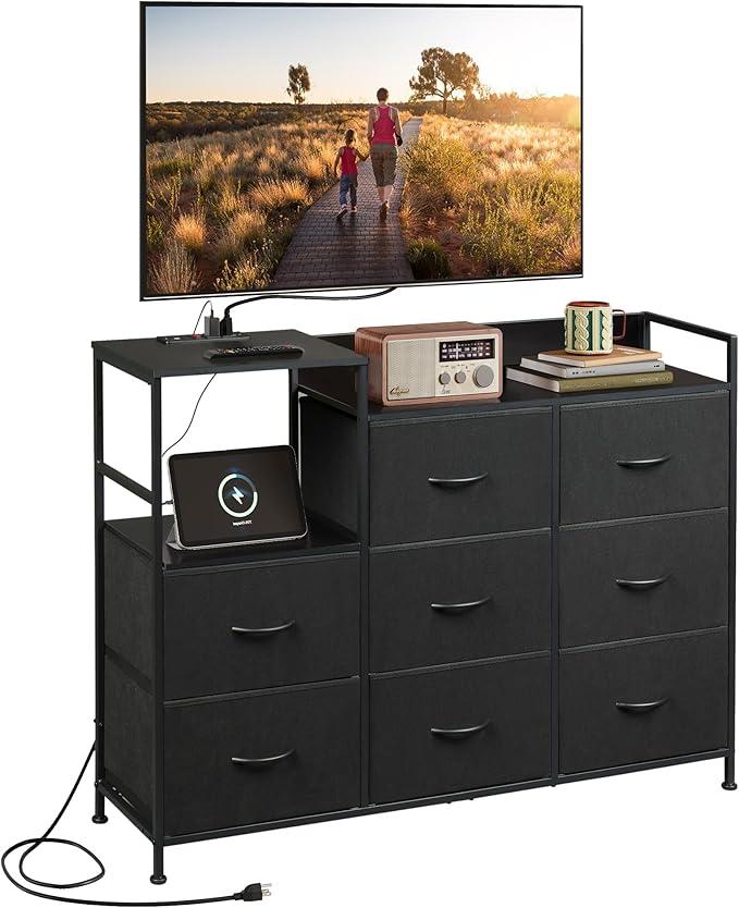WLIVE Black TV Stand with Charging Station, Entertainment Center with 8 Fabric Drawer, TV Media Console Table Open Storage Shelves, Wood Top for Living Room, Hallway, Black 95x37x90cm