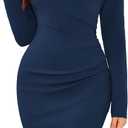 ZAFUL Women 2025 Sexy V Neck Long Sleeve Faux Wrap Dress Sheath Ruched Bodycon Party Work Cocktail Mid Dresses (Blue, L)