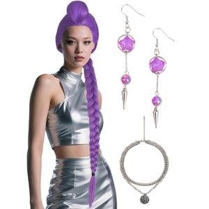 Half and Half Purple Braid Ponytail Wig + Necklace + Earrings 41.3'' Long Braided Purple Anime Cosplay Wig for Women Party Halloween Costumes