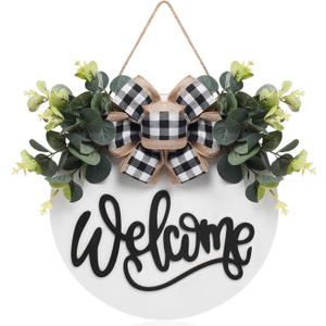 Welcome Sign for Front Door Porch Decor Farmhouse Wreath Wall Decor 30cm Round Wooden Hanging Housewarming Home Decor for Home Outdoor Indoor (White)