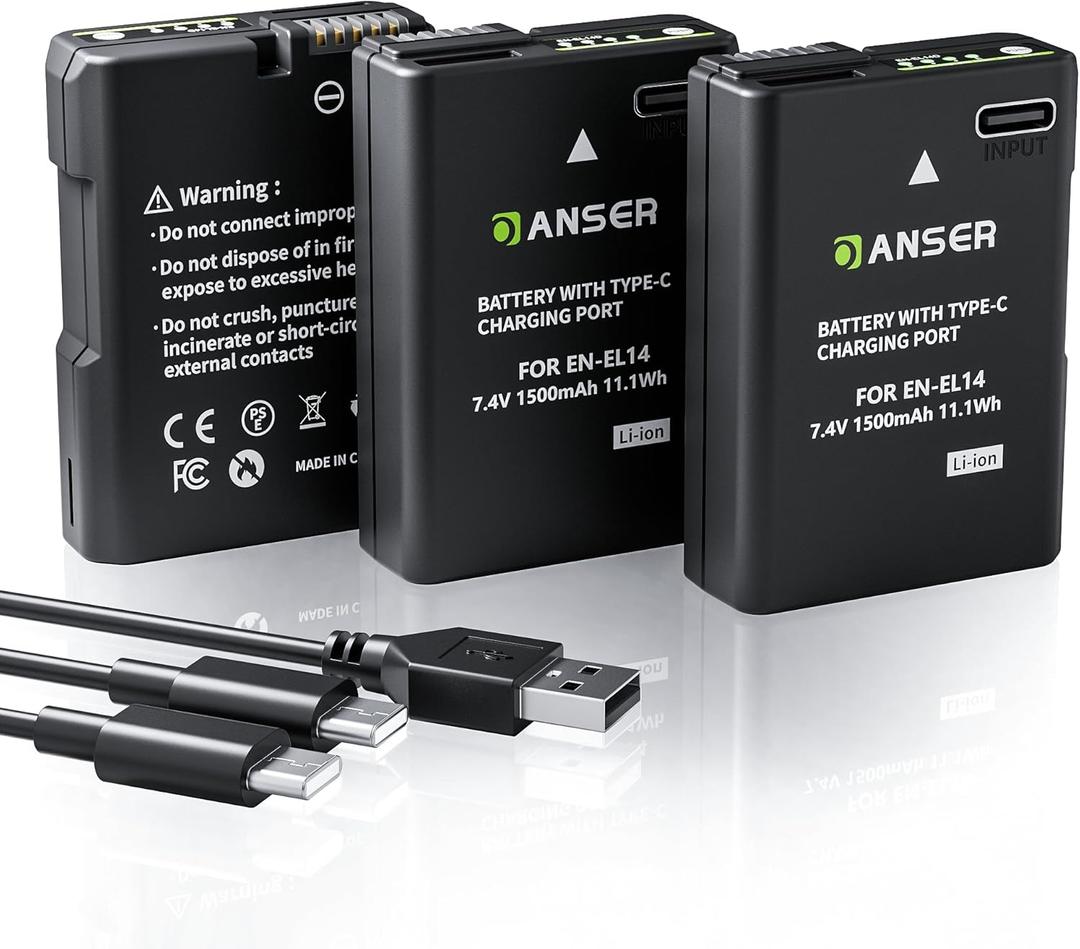 1500mAh EN-EL14a EN-EL14 Battery with USB-C, 3-Pack Replacement Batteries with LED Power Display for Nikon D3100 D3200 D3300 D3400 D3500 D5100 D5200 D5300 D5500 D5600 P7100 P7700 P7800 Camera